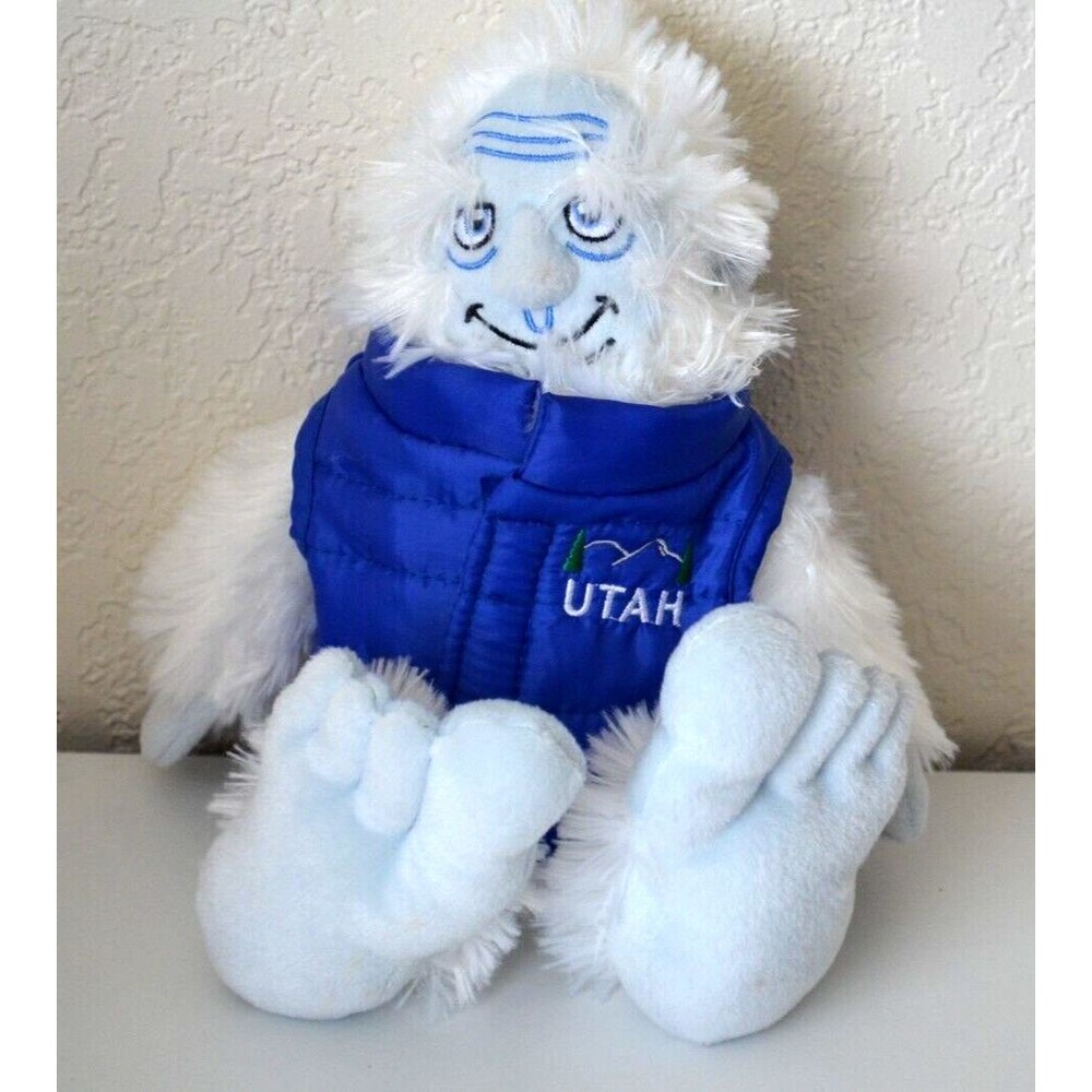 STUFFED ANIMAL HOUSE SASQUATCH YETI 12 INCHES White Blue Big Foot UTAH Vest